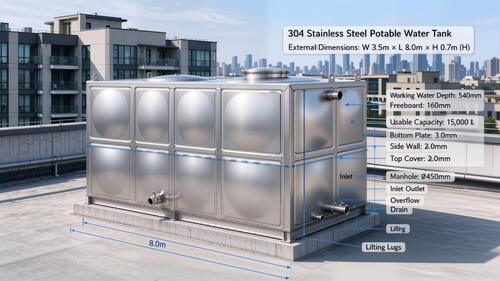 أحدث حالة شركة حول 15,000L 304 Stainless Steel Potable Water Tank for Commercial Apartment Rooftop Water Supply