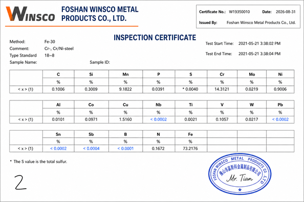 الصين (GuangDong)Foshan Winsco Metal Products Co., Ltd. الشهادات