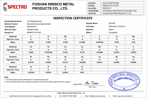 الصين (GuangDong)Foshan Winsco Metal Products Co., Ltd. الشهادات